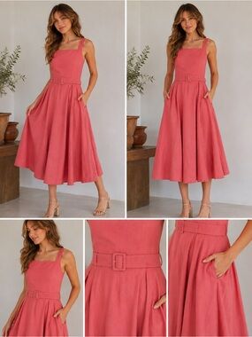 GMG Ruth Linen Dress Chic Pink Coral Belted Dress